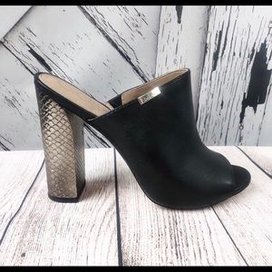 Calvin Klein | Black & Gold open toe mule heels